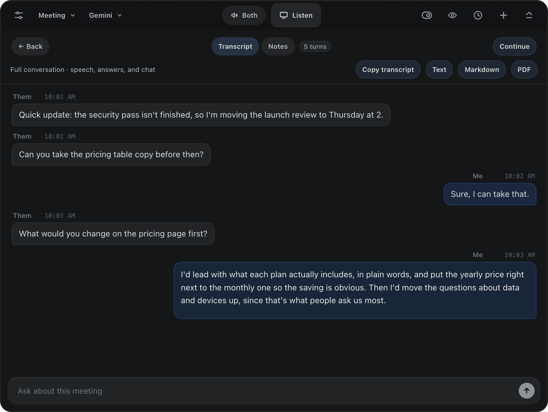 A saved meeting in onemynd: lines from both people and a suggested answer about the pricing page.